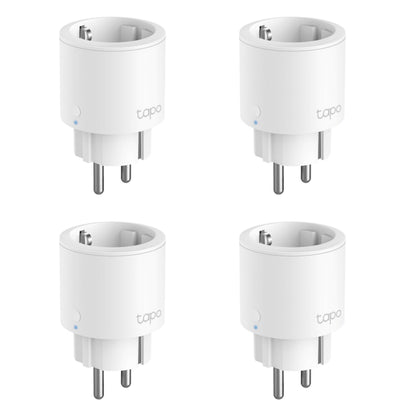 TP-Link Tapo P115 Smart Wifi-fjernstrømsafbryder 4-pak, energimåling, to runde ben hver, arrangeret i 2x2 gitter.