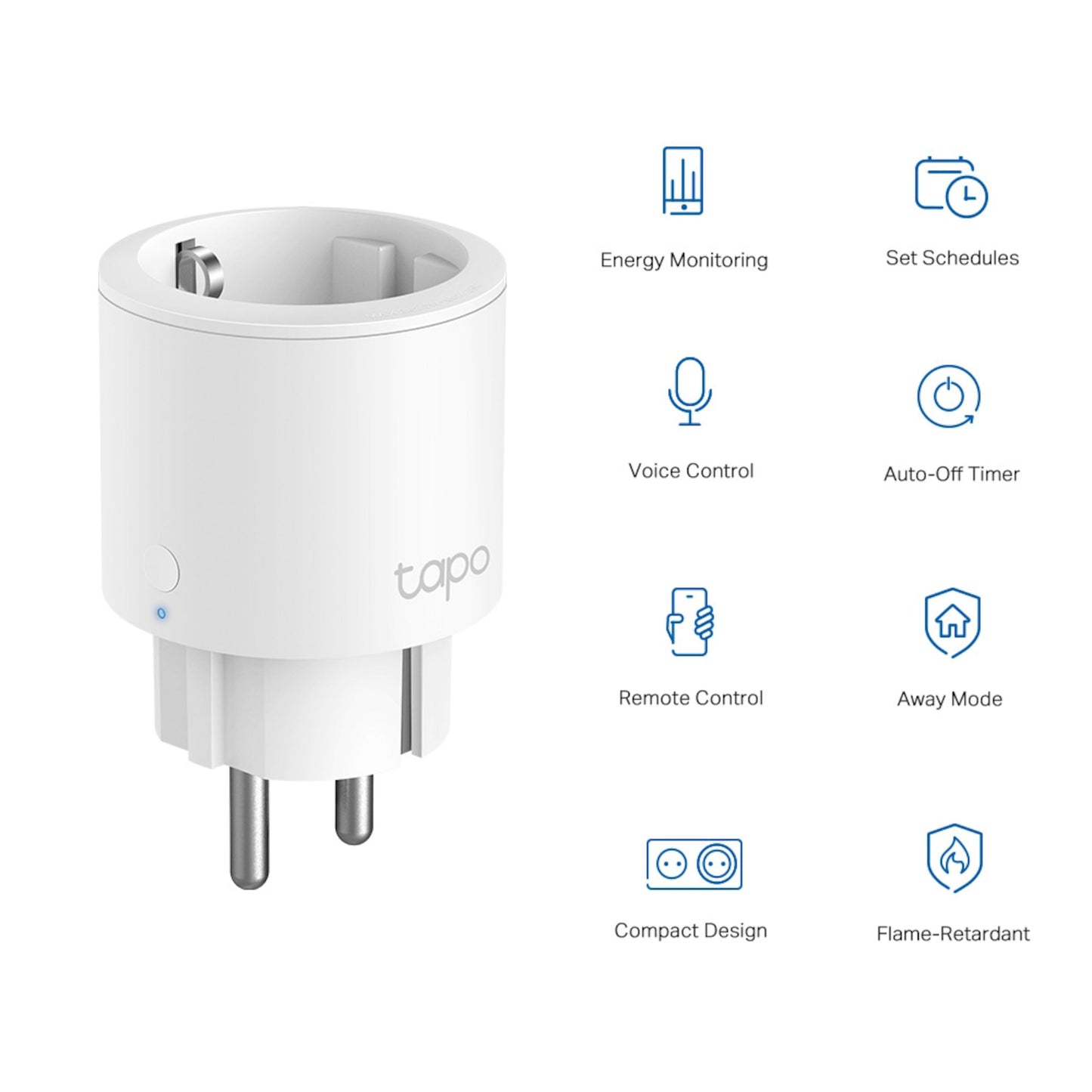 TP-Link Tapo P115 Smart WiFi-fjernstrømsafbryder 4-pak med energimåling, smart home-integration og relevante ikoner.