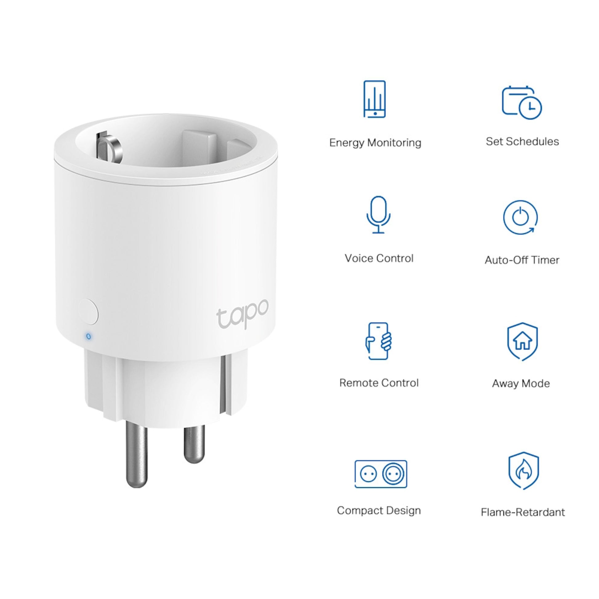 TP-Link Tapo P115 Smart WiFi-fjernstrømsafbryder 4-pak med energimåling, smart home-integration og relevante ikoner.