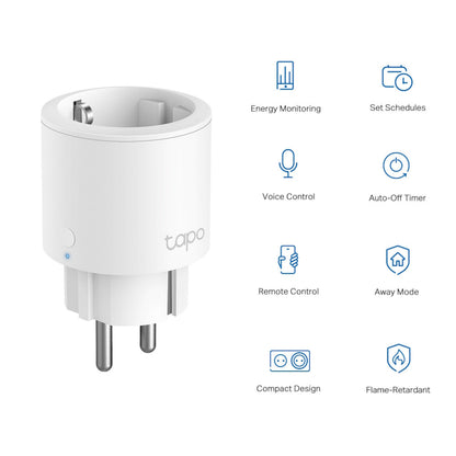 TP-Link Tapo P115 Smart WiFi-fjernstrømsafbryder 4-pak med energimåling, smart home-integration og relevante ikoner.