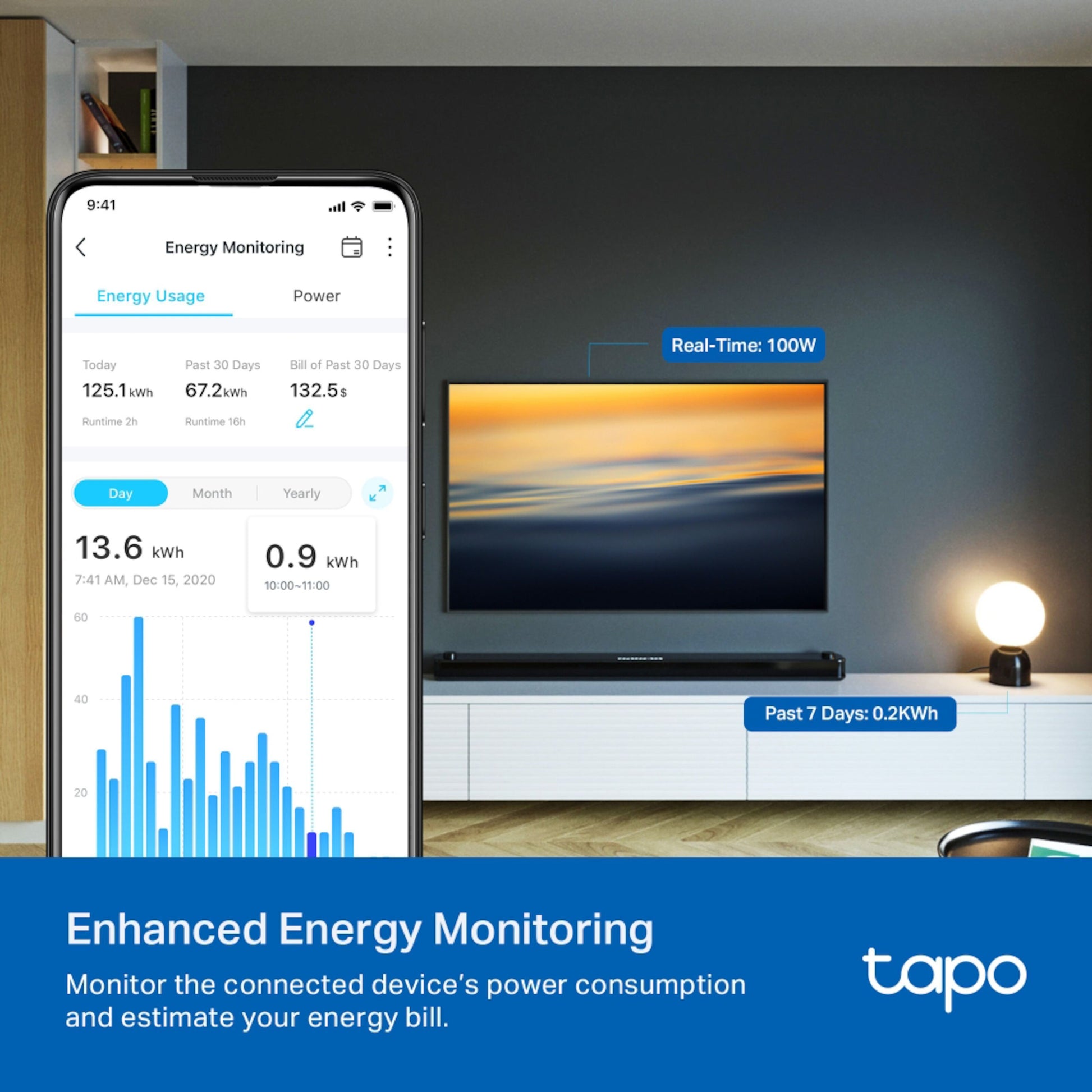 TP-Link Tapo P115 Smart Wifi-fjernstrømsafbryder med energimåling 4-pak visning af strømforbrug på smartphone og TV.