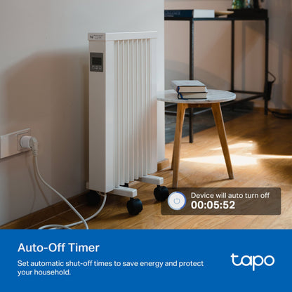 Tp-Link Tapo P115 smart wifi-fjernstrømsafbryder med energimåling til hvid varmeblæser, timer viser 00:05:52 auto-sluk.