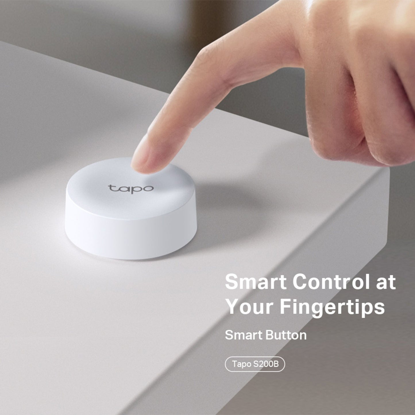 TP-Link Tapo S200B smart fjernbetjening, hvid, rund knapdesign, tekst: Smart kontrol lige ved hånden.