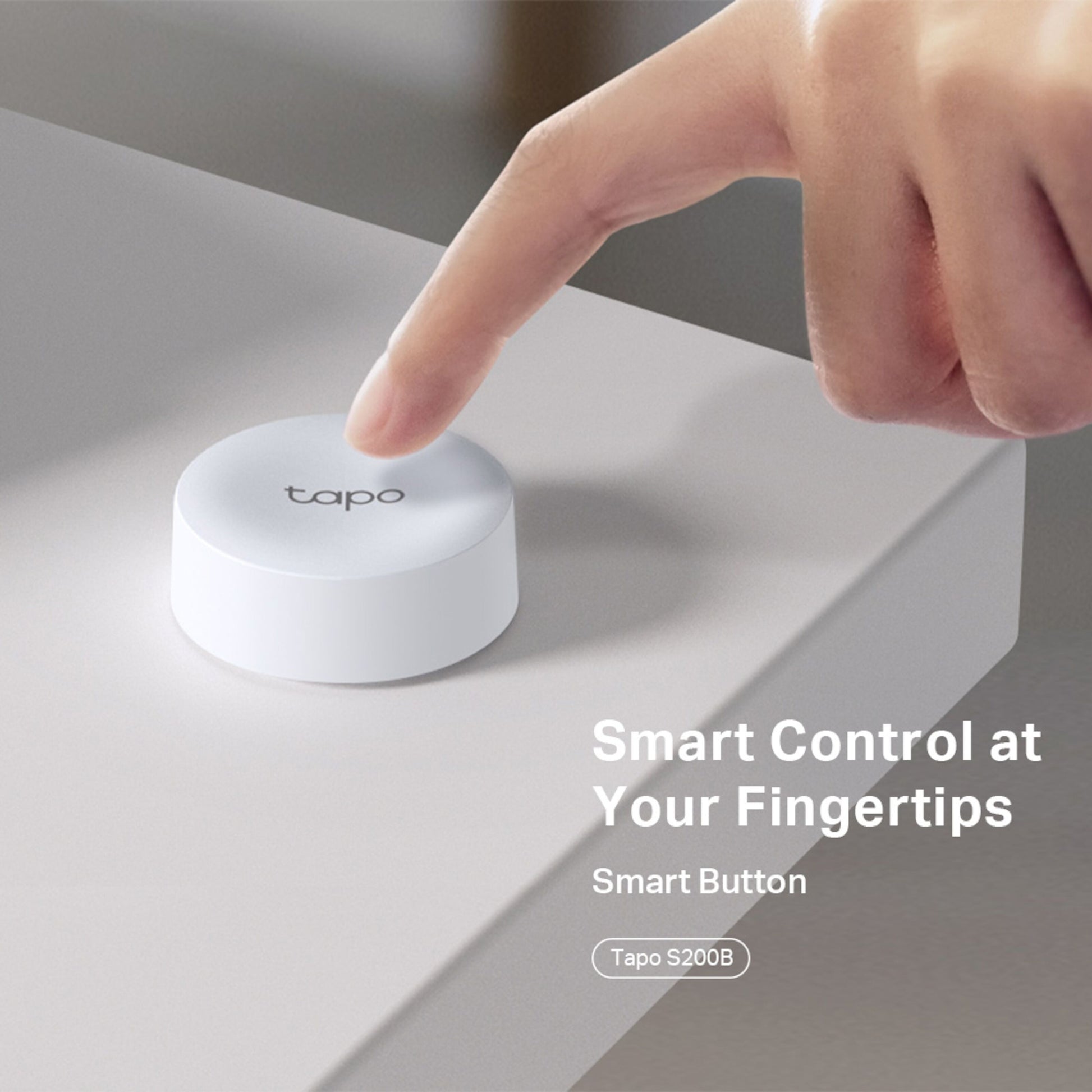 TP-Link Tapo S200B smart fjernbetjening, hvid, rund knapdesign, tekst: Smart kontrol lige ved hånden.