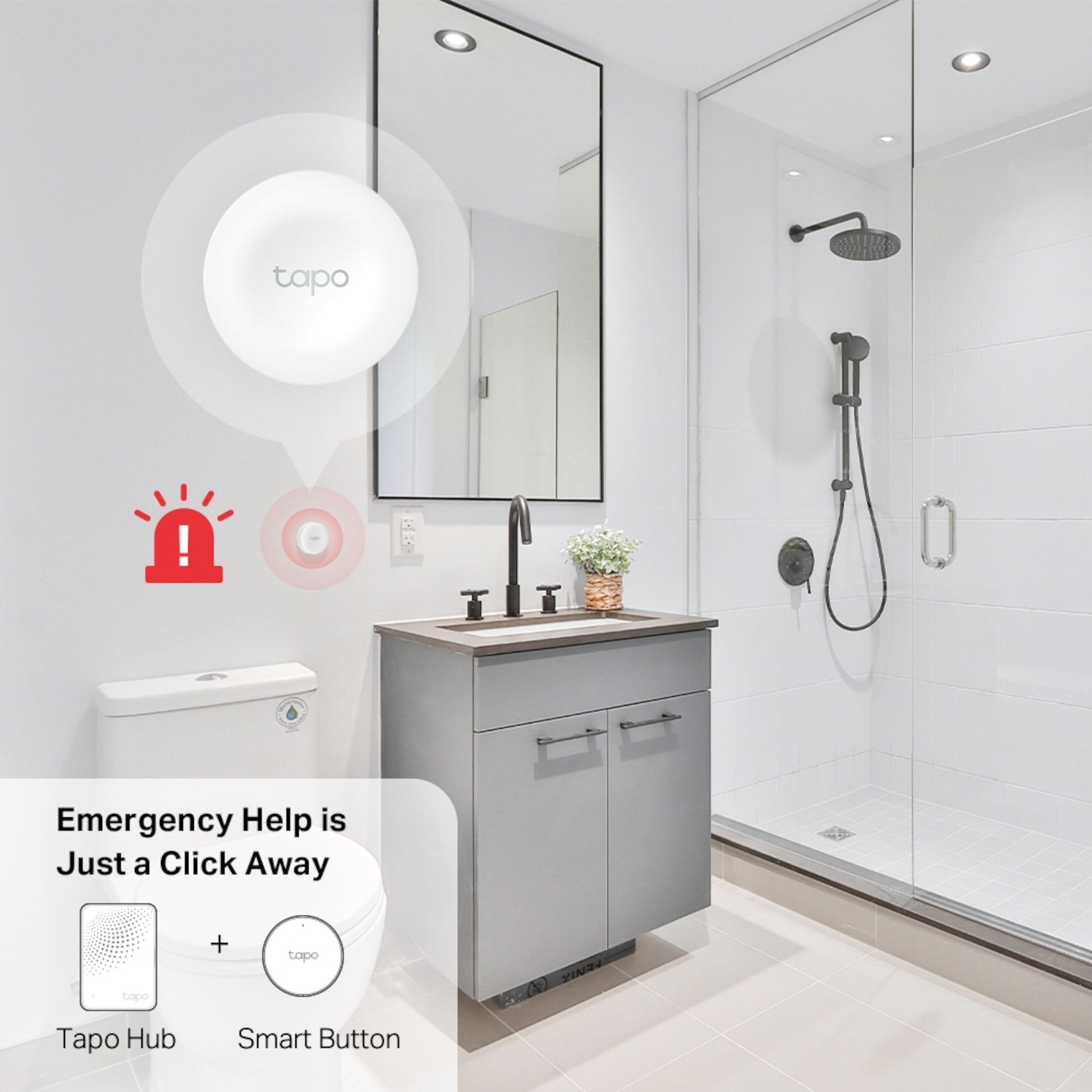 Tp-Link Tapo S200B Smart Fjernbetjening nødkaldsknap ved toilet, alarmikon viser øjeblikkelig hjælp ved tryk.