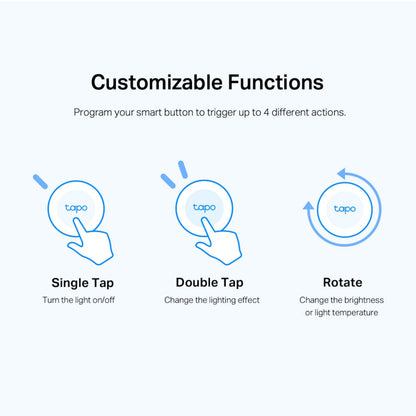 Tapo S200B Smart Fjernbetjening infografik viser funktioner: tap til lys, dobbelt-tap til effekter, drejning justerer lysstyrke/farve.