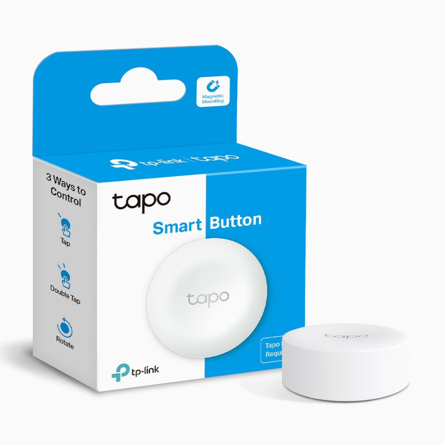 TP-Link Tapo S200B Smart Fjernbetjening i blå/hvid emballage med tap, dobbelttryk, drej og magnetisk montering.