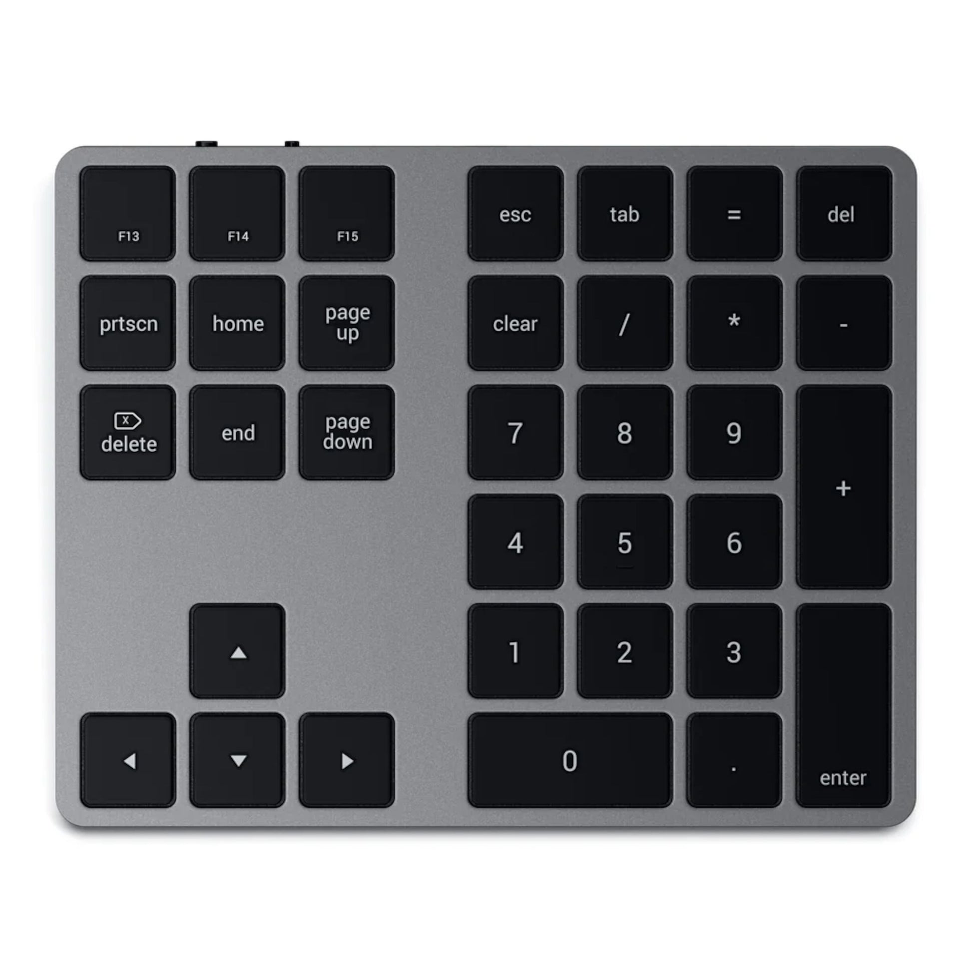 Satechi trådløst numerisk tastatur Space Grey med sorte taster, tal-, piletaster og esc, tab, home, delete og enter.