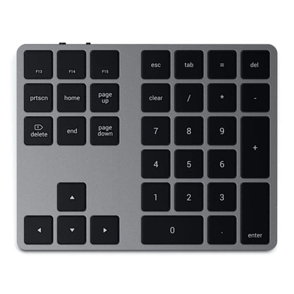 Satechi trådløst numerisk tastatur Space Grey med sorte taster, tal-, piletaster og esc, tab, home, delete og enter.
