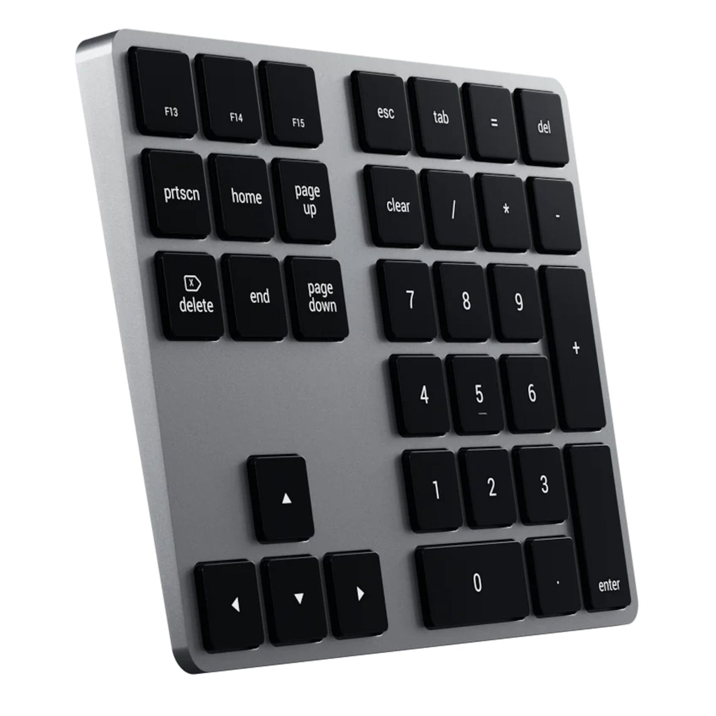Satechi trådløst numerisk tastatur Space Grey med sorte taster, Bluetooth, funktionstaster og fuld nummerblok.