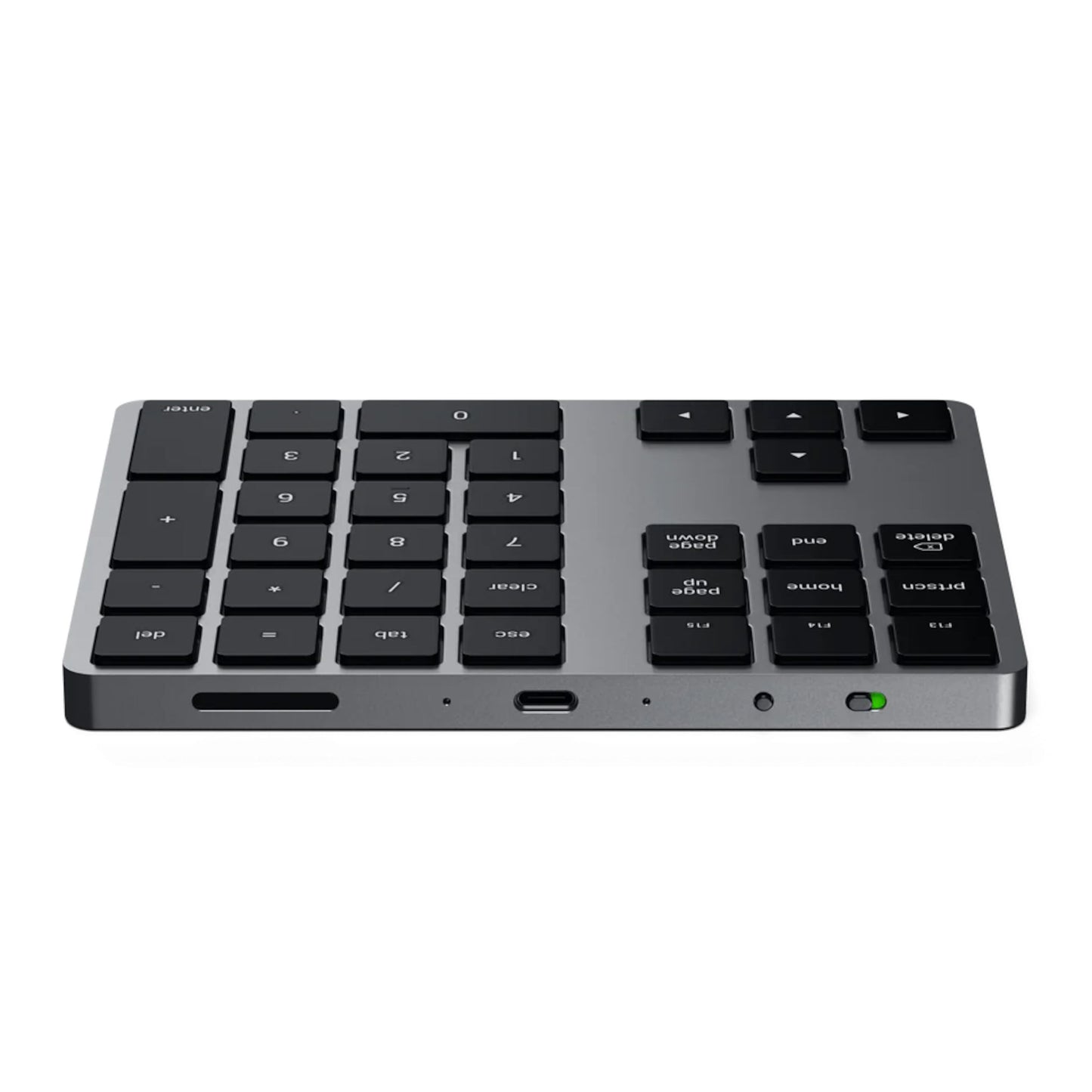 Satechi trådløst numerisk tastatur Space Grey, sort/grå, ekstra funktionstaster, USB-C port, indikatorlys, kortlæser, sideview.
