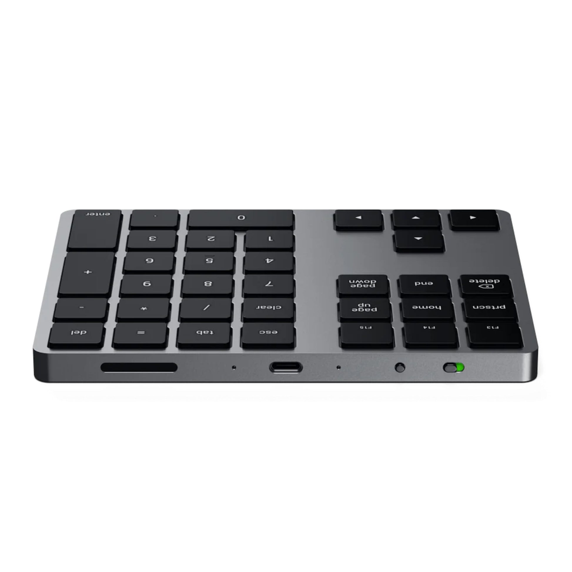 Satechi trådløst numerisk tastatur Space Grey, sort/grå, ekstra funktionstaster, USB-C port, indikatorlys, kortlæser, sideview.