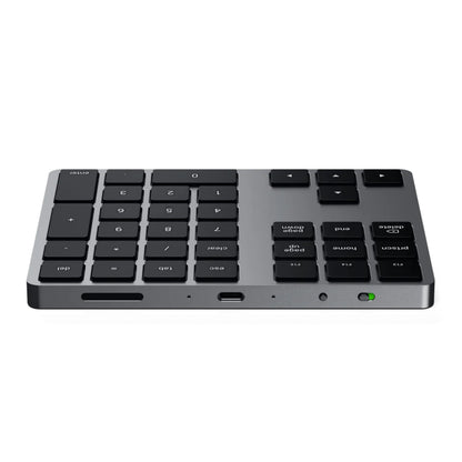 Satechi trådløst numerisk tastatur Space Grey, sort/grå, ekstra funktionstaster, USB-C port, indikatorlys, kortlæser, sideview.