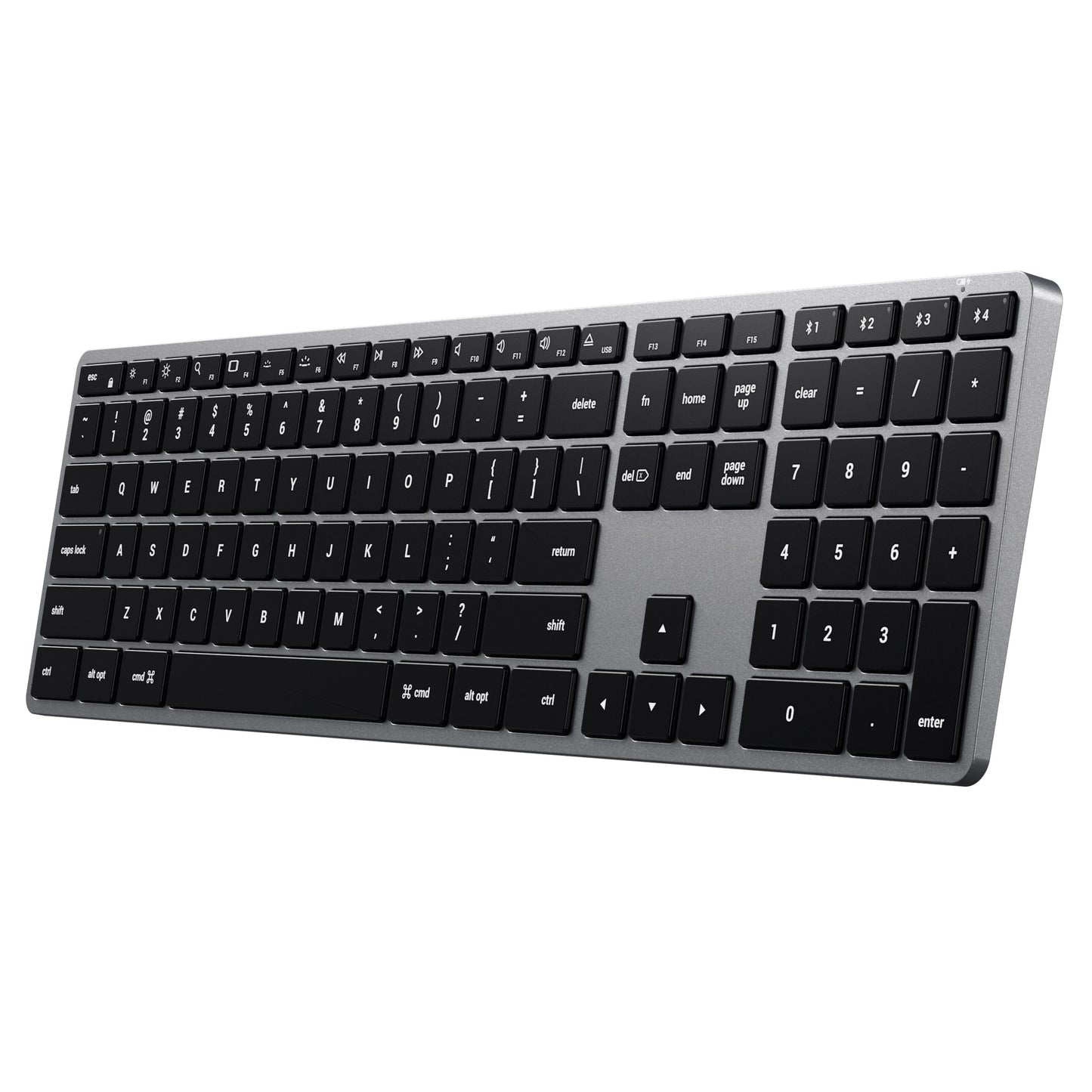 Satechi X3 trådløst Bluetooth-tastatur i space gray-aluminium med sorte taster, numerisk del og funktionsrække.