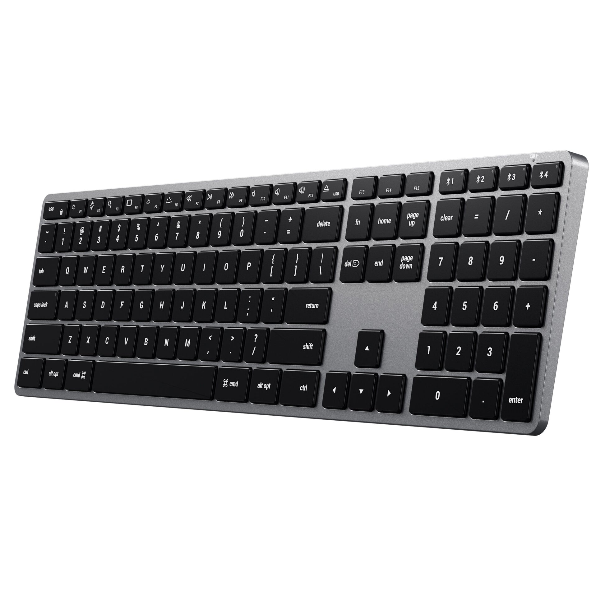 Satechi X3 trådløst Bluetooth-tastatur i space gray-aluminium med sorte taster, numerisk del og funktionsrække.