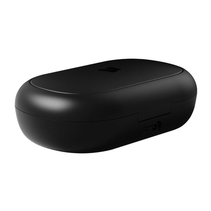 Nomadelic TWS Sport sort oval opladeetui til trådløse hovedtelefoner, mat finish, lukket låg, top-logo, side-ladeport.