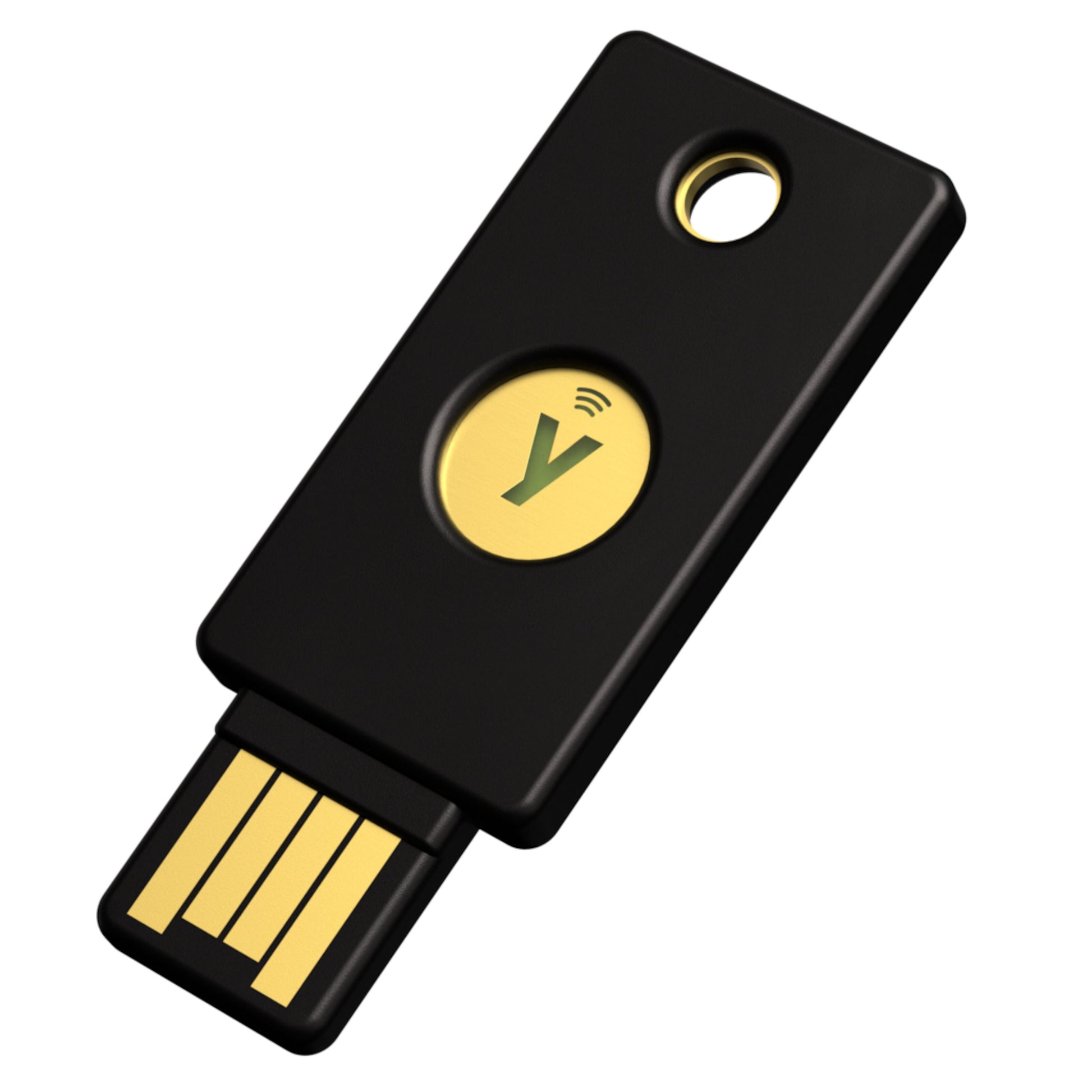 Yubico YubiKey 5 NFC sikkerhedsnøgle USB-A sort/guld med cirkulær knap og nøglering.