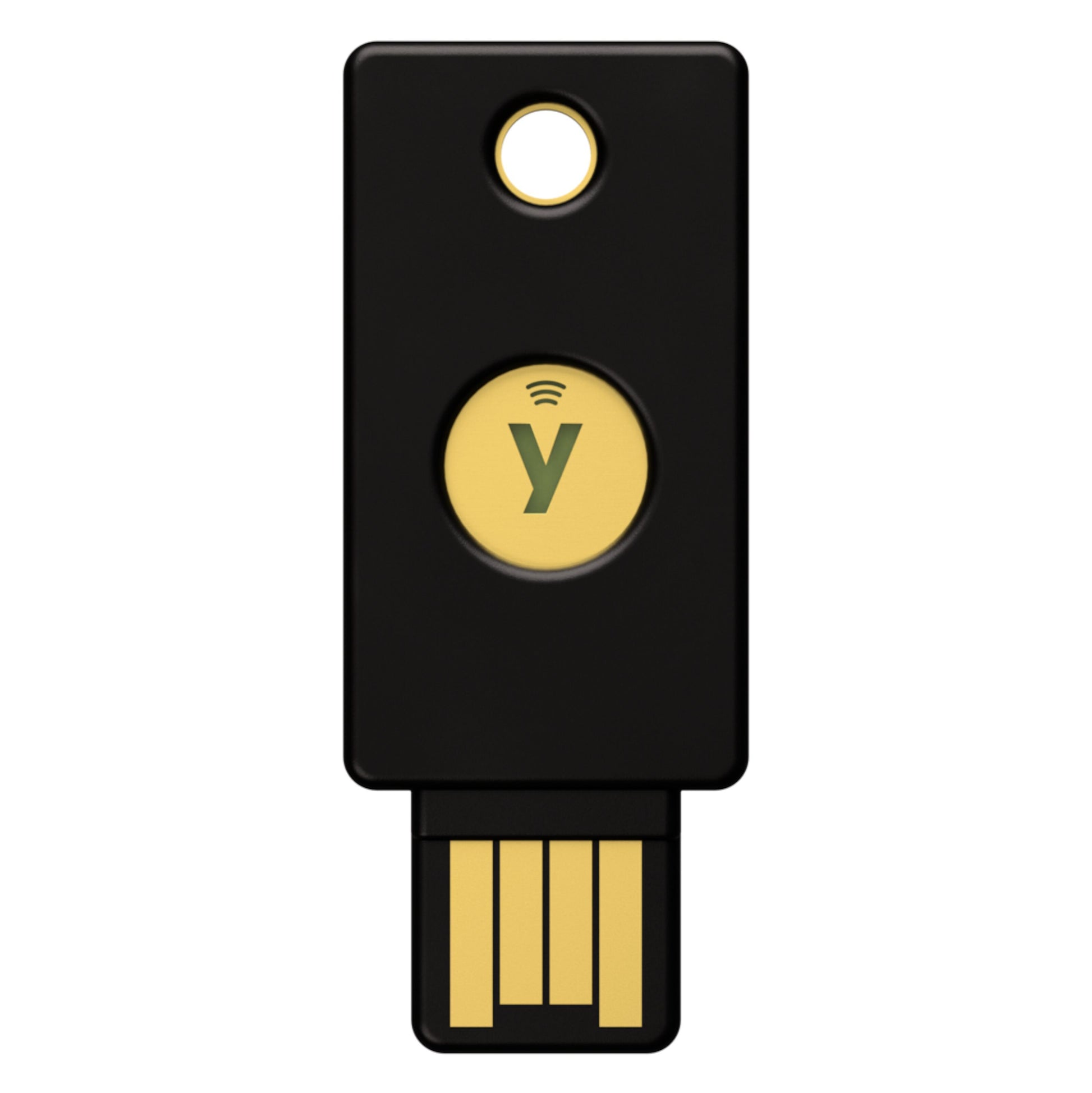 Yubico YubiKey 5 NFC sikkerhedsnøgle USB-A sort med gulddetaljer.