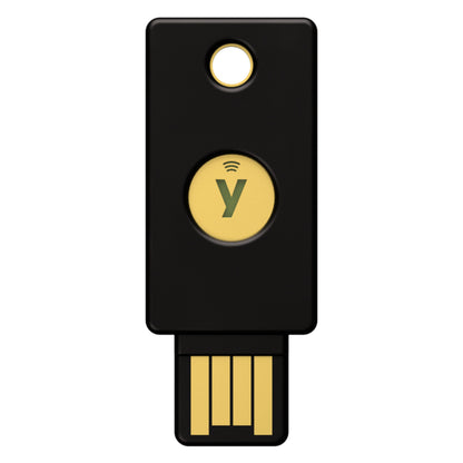 Yubico YubiKey 5 NFC sikkerhedsnøgle USB-A sort med gulddetaljer.