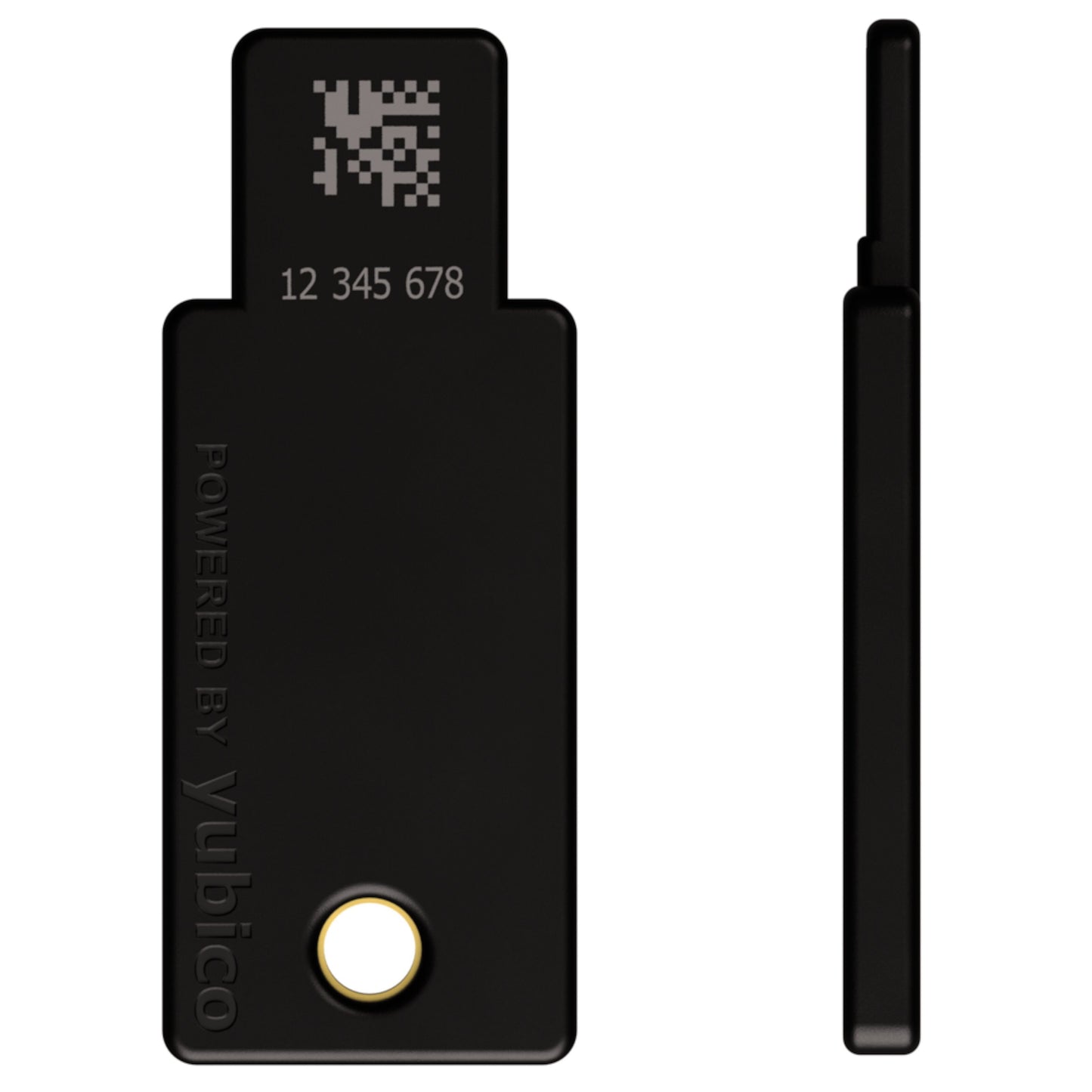 Yubico YubiKey 5 NFC sikkerhedsnøgle sort med USB-A, rund guldkontakt, QR-kode, serienummer og "POWERED BY yubico.