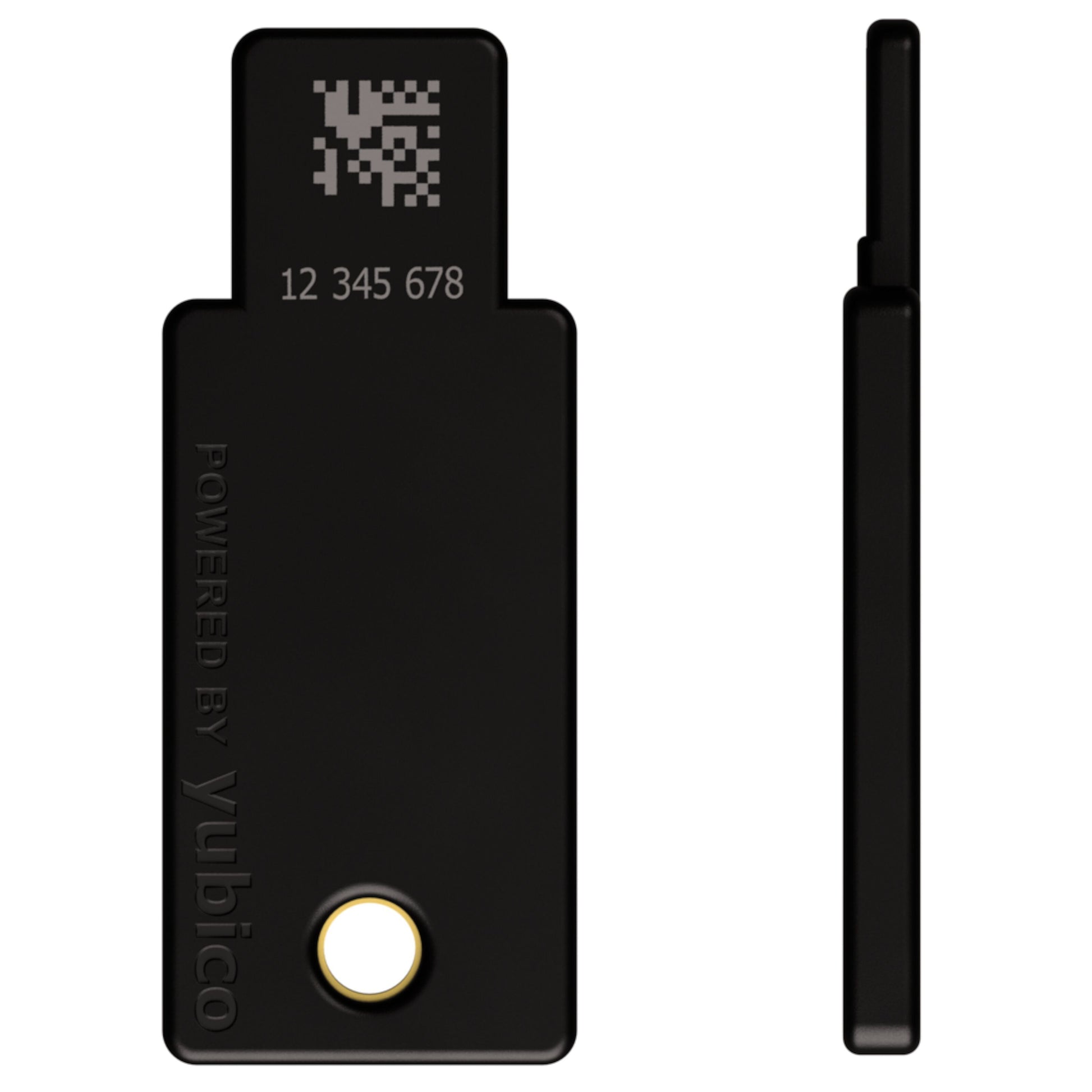 Yubico YubiKey 5 NFC sikkerhedsnøgle sort med USB-A, rund guldkontakt, QR-kode, serienummer og "POWERED BY yubico.