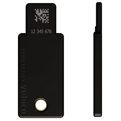 Yubico YubiKey 5 NFC sikkerhedsnøgle sort med USB-A, rund guldkontakt, QR-kode, serienummer og "POWERED BY yubico.