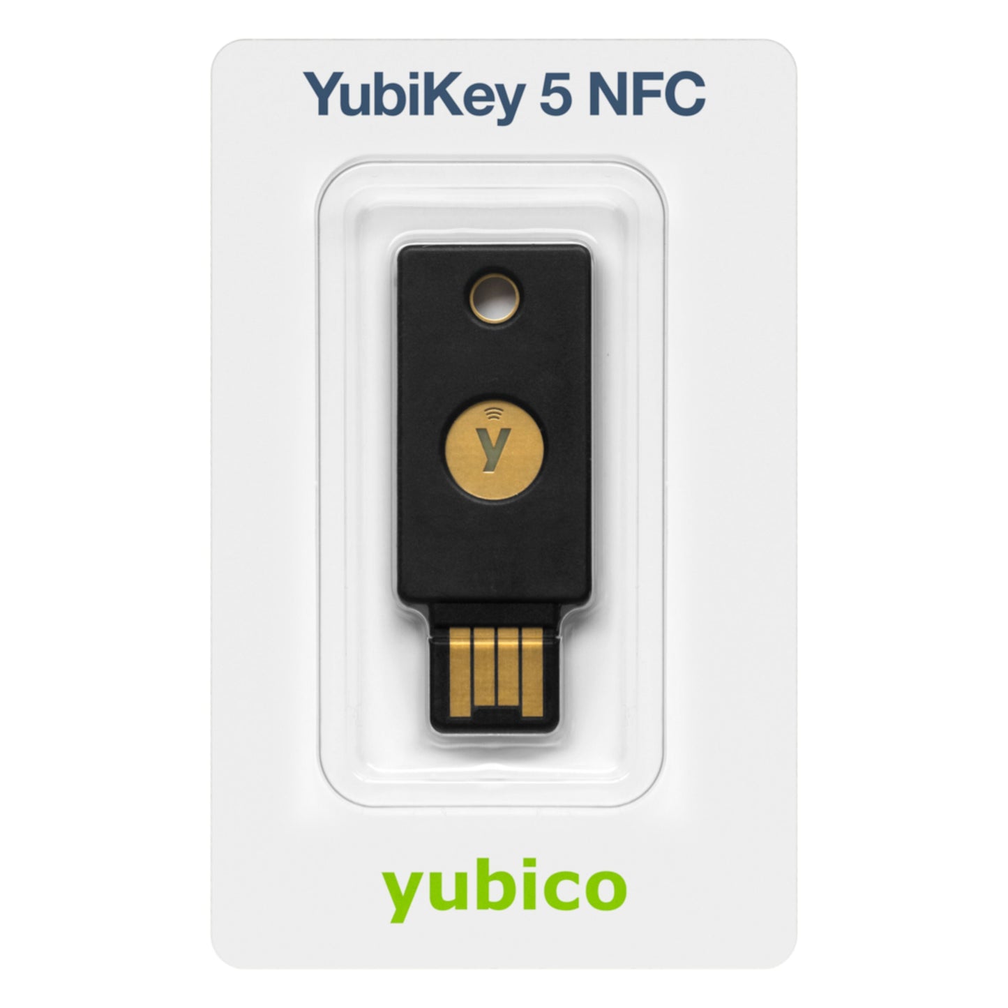 YubiKey 5 NFC USB-A sikkerhedsnøgle i hvid emballage med "YubiKey 5 NFC" og "yubico" logo synligt.