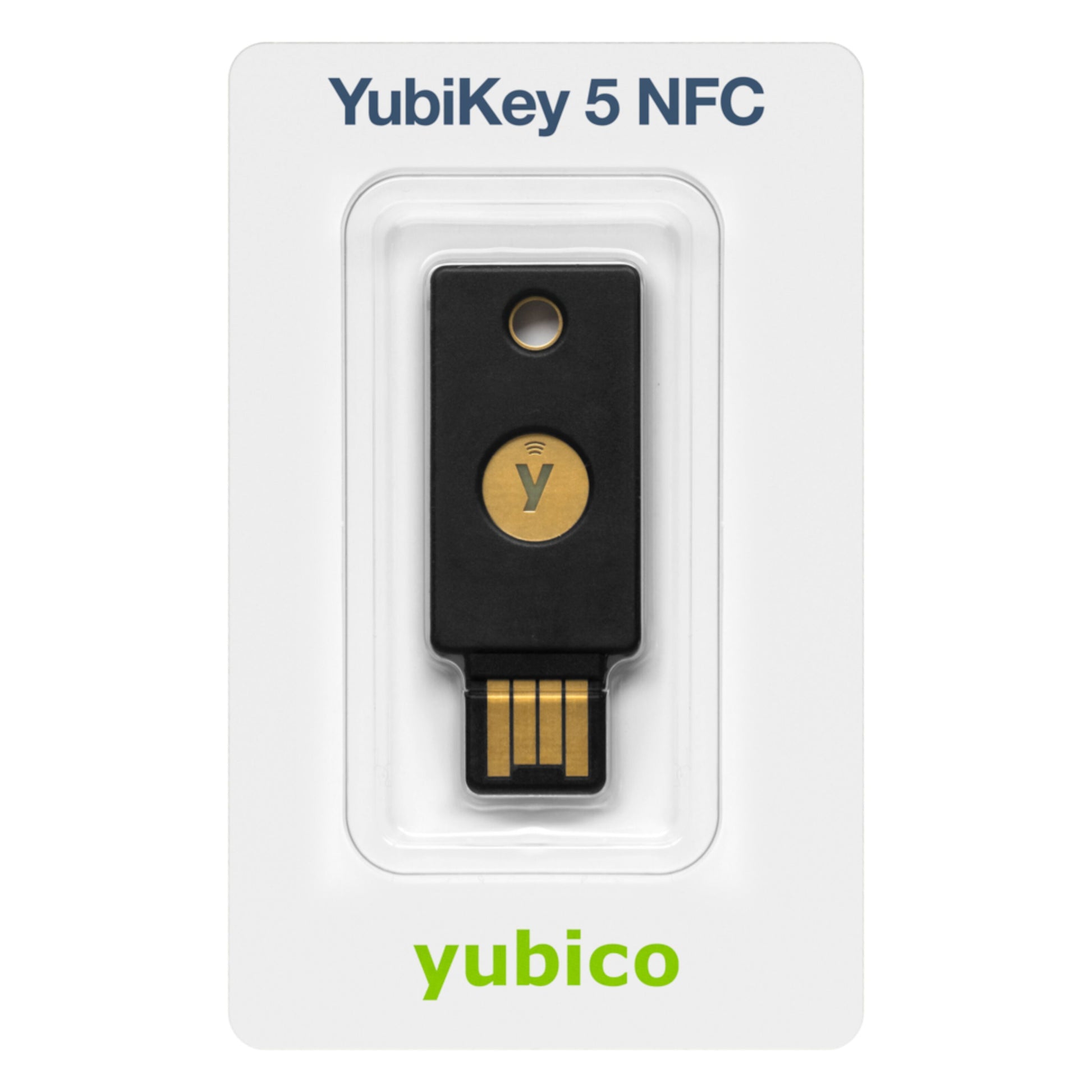 YubiKey 5 NFC USB-A sikkerhedsnøgle i hvid emballage med "YubiKey 5 NFC" og "yubico" logo synligt.