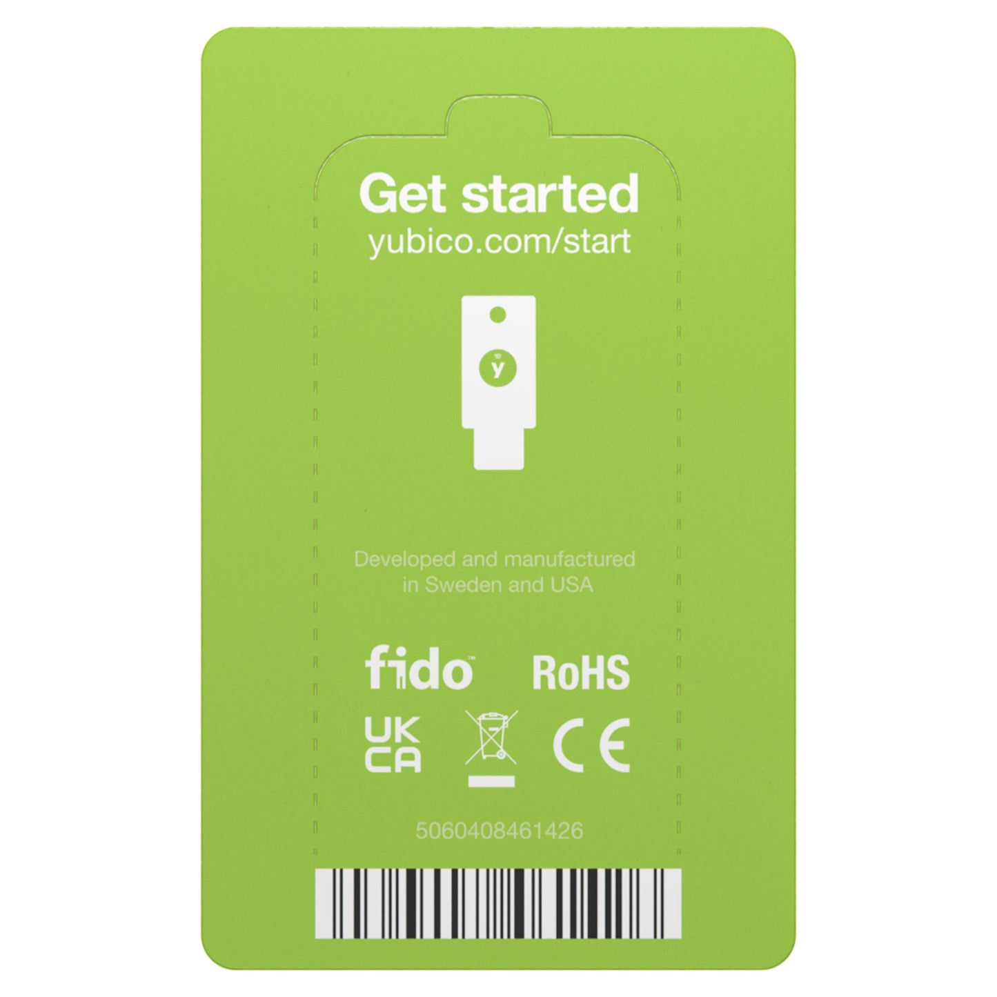 Yubico YubiKey 5 NFC USB-A emballage bagside med URL, USB-ikon, "Developed in Sweden/USA", serienummer, RoHS, CE, FIDO.