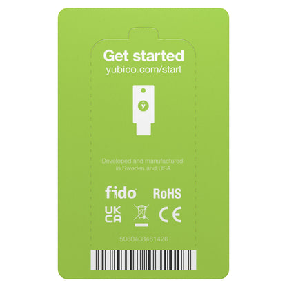 Yubico YubiKey 5 NFC USB-A emballage bagside med URL, USB-ikon, "Developed in Sweden/USA", serienummer, RoHS, CE, FIDO.