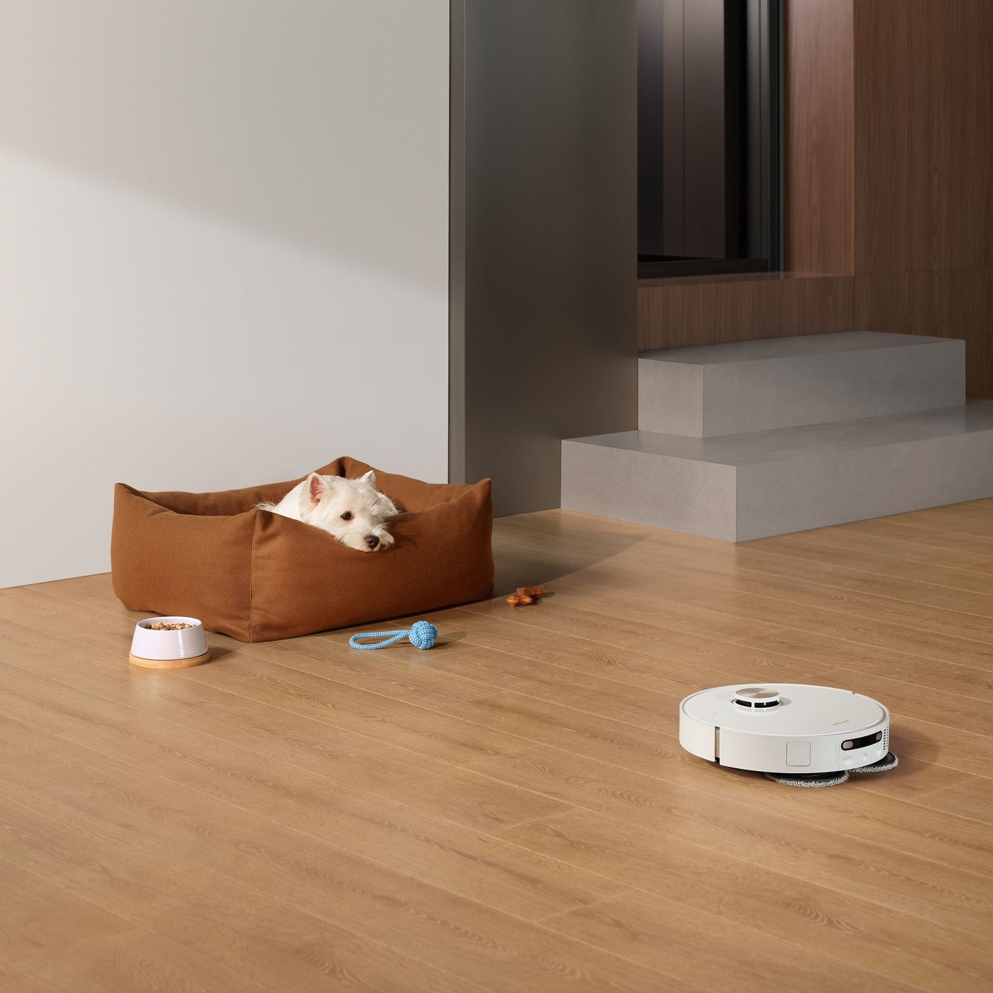 Dreame X40 Ultra fuldautomatisk støvsugerrobot sorterer ved hundeseng på trægulv med legetøj og madskål.