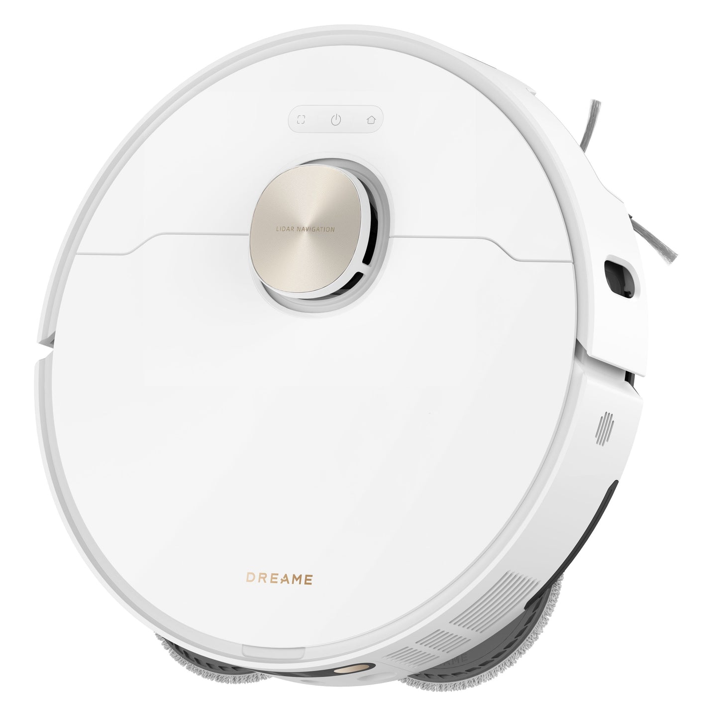 Dreame X40 Ultra fuldautomatisk støvsugerrobot med guldcirkelsensor, sidebørster og Dreame-logo på fronten.