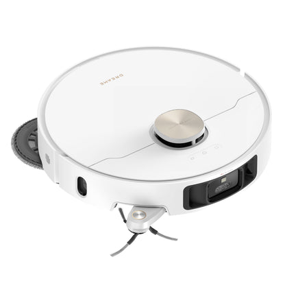 Dreame X40 Ultra fuldautomatisk støvsugerrobot, hvid, cirkulær, sidebørste, frontkamera, topmonteret lidar-sensor.