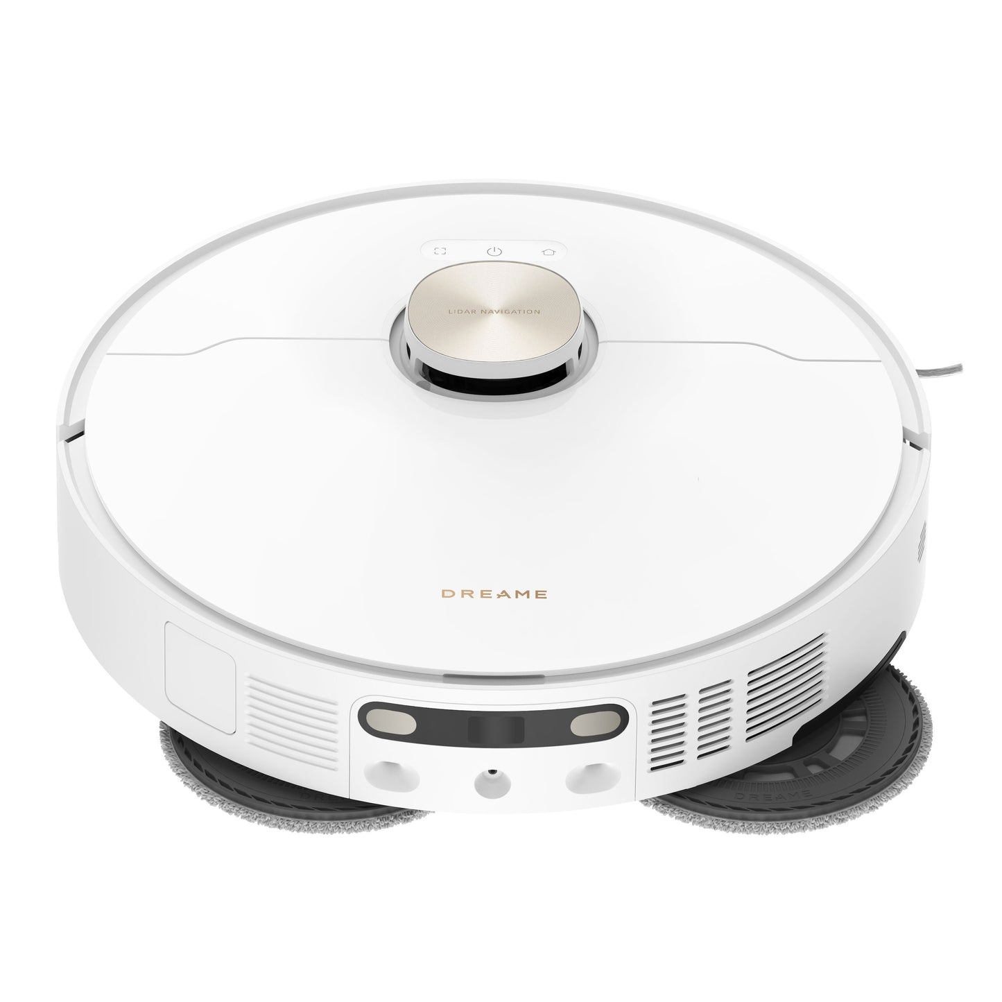 Dreame X40 Ultra fuldautomatisk støvsugerrobot, rund, hævet topsensor, frontventiler, to moppepuder under bunden.