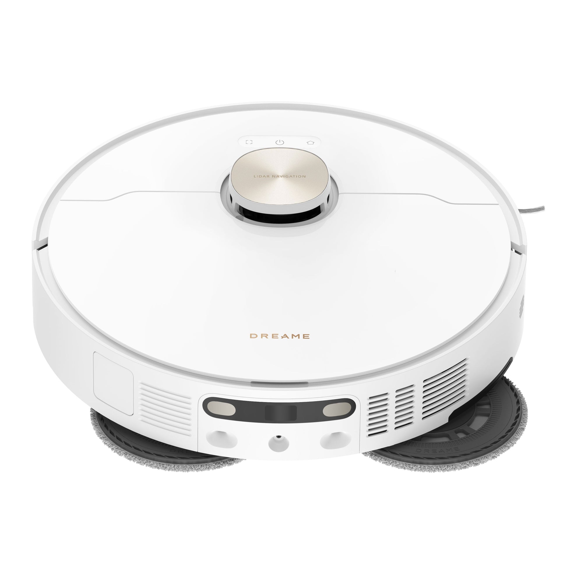 Dreame X40 Ultra fuldautomatisk støvsugerrobot, rund, hævet topsensor, frontventiler, to moppepuder under bunden.