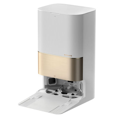 Dreame X40 Ultra Fuldautomatisk Støvsugerrobot, hvid/guld, frontpanel åbent med synlige interne rum og mekanismer.