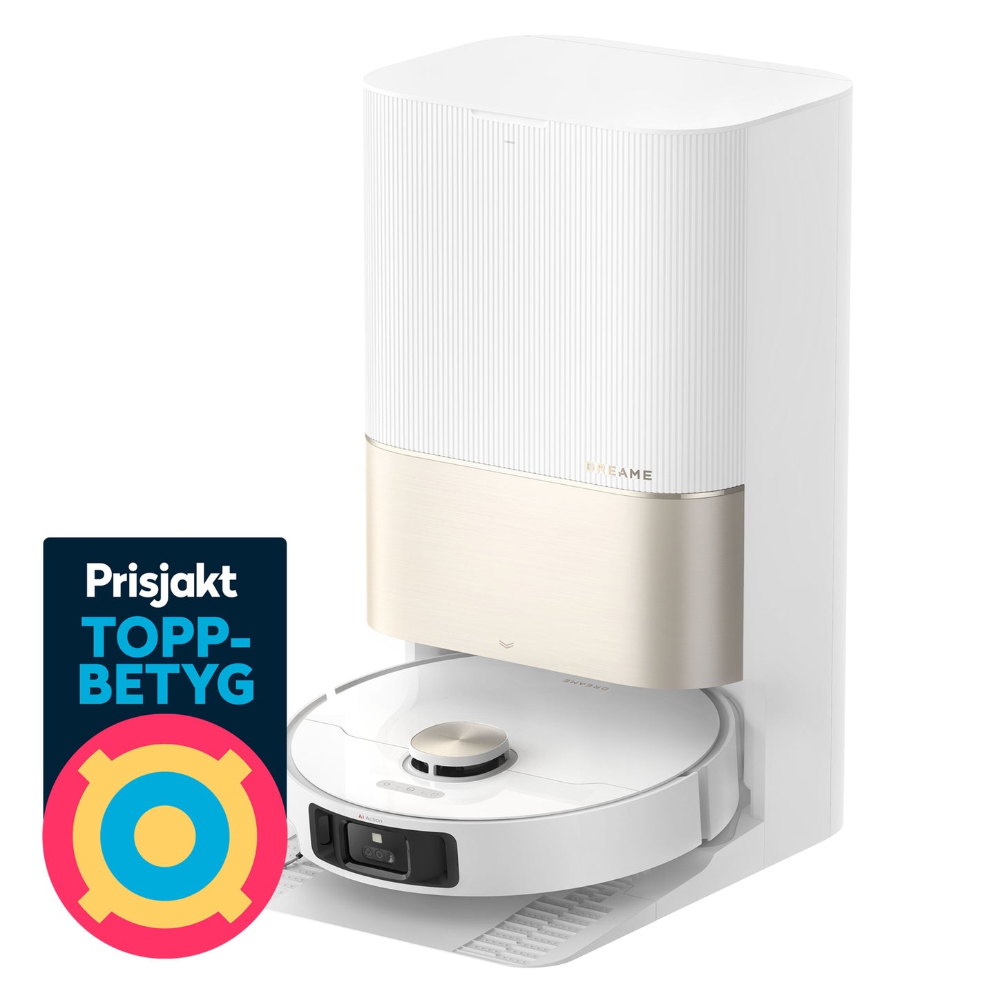 Dreame X40 Ultra fuldautomatisk støvsugerrobot med selv-tømmende dock og Prisjakt Toppbetyg badge.
