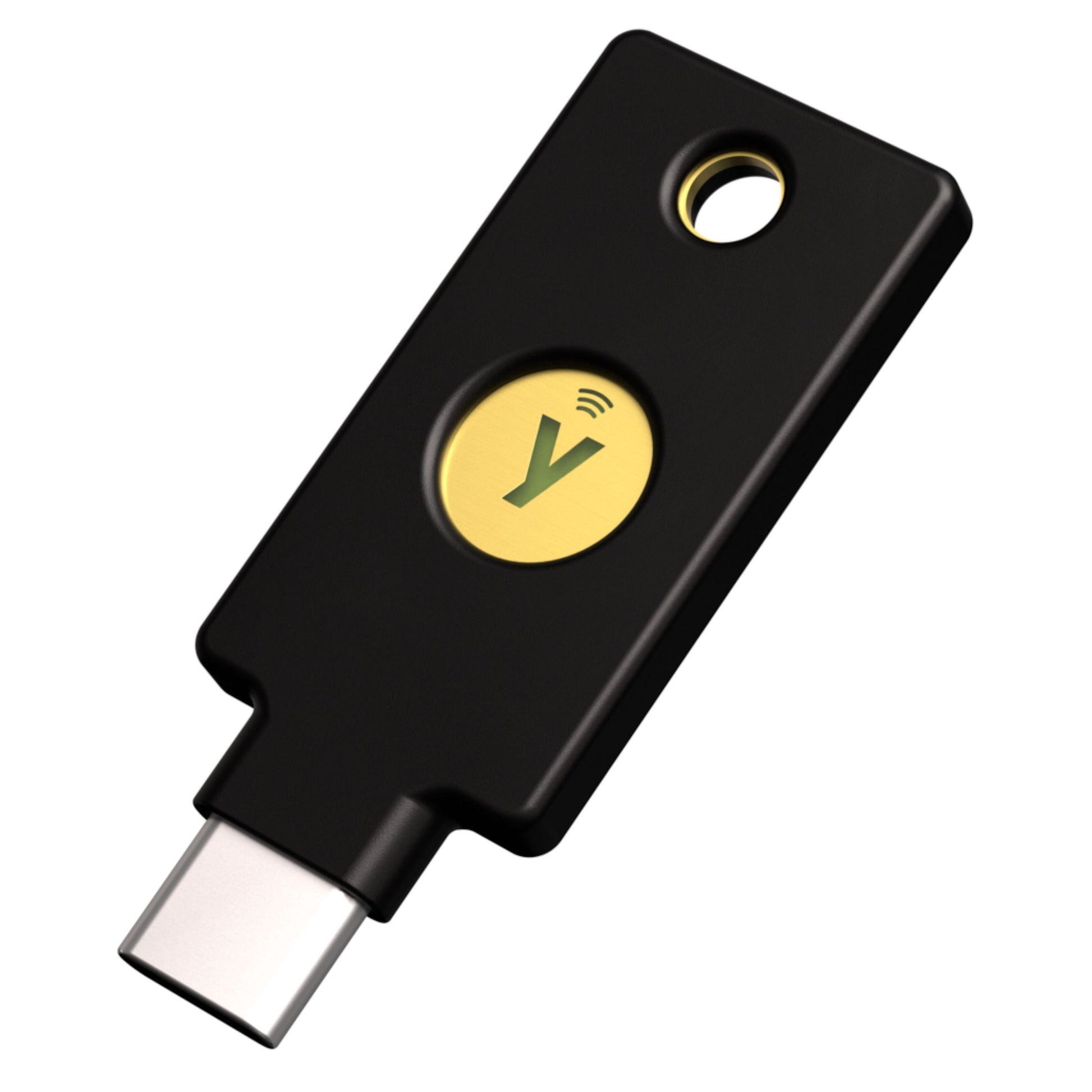 Yubico YubiKey 5C NFC sikkerhedsnøgle, sort, USB-C stik, cirkulært guld touchfelt med grønt Y-logo, hul til nøglering.