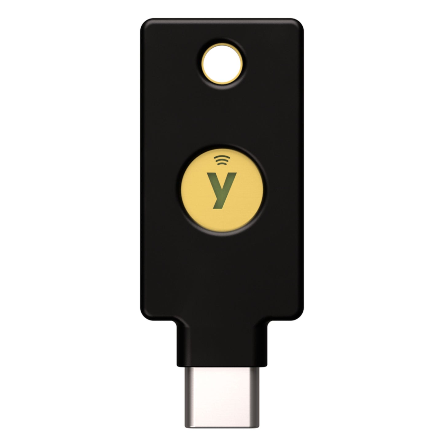 YubiKey 5C NFC sort sikkerhedsnøgle med USB-C stik, gult cirkulært Y-knap, trådløst symbol og hul til nøglering.