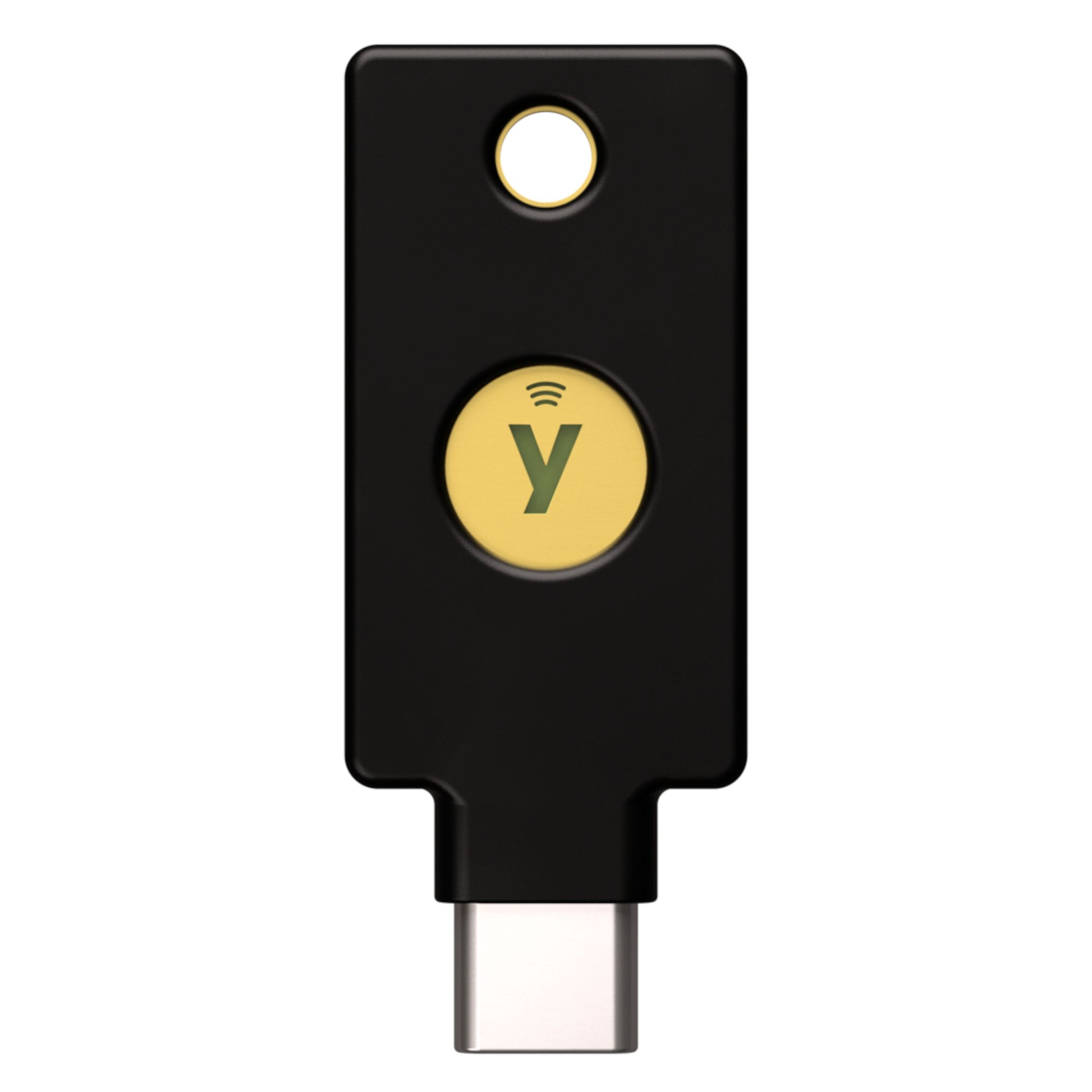 YubiKey 5C NFC sort sikkerhedsnøgle med USB-C stik, gult cirkulært Y-knap, trådløst symbol og hul til nøglering.