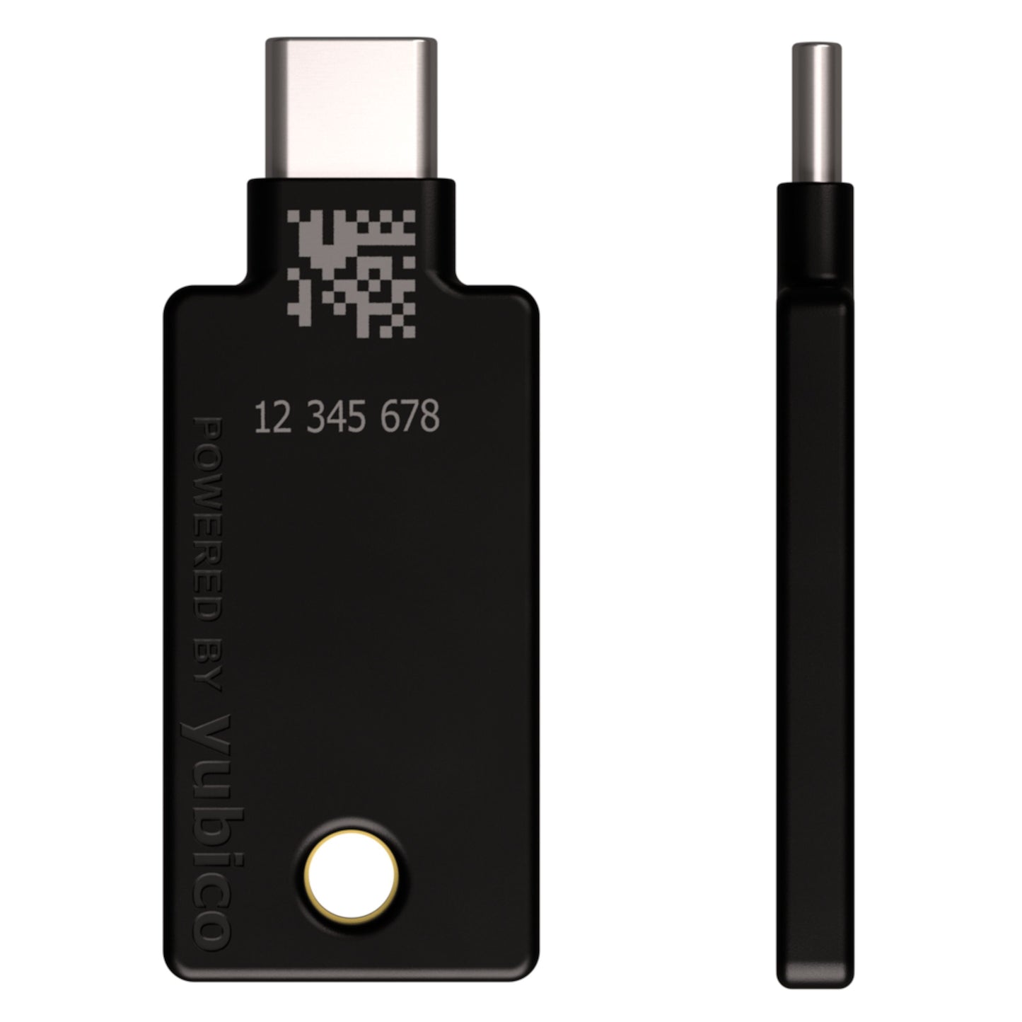 Yubico YubiKey 5C NFC sikkerhedsnøgle USB-C, vises front og side med guldknap, kode 12 345 678, tekst "Powered by Yubico.
