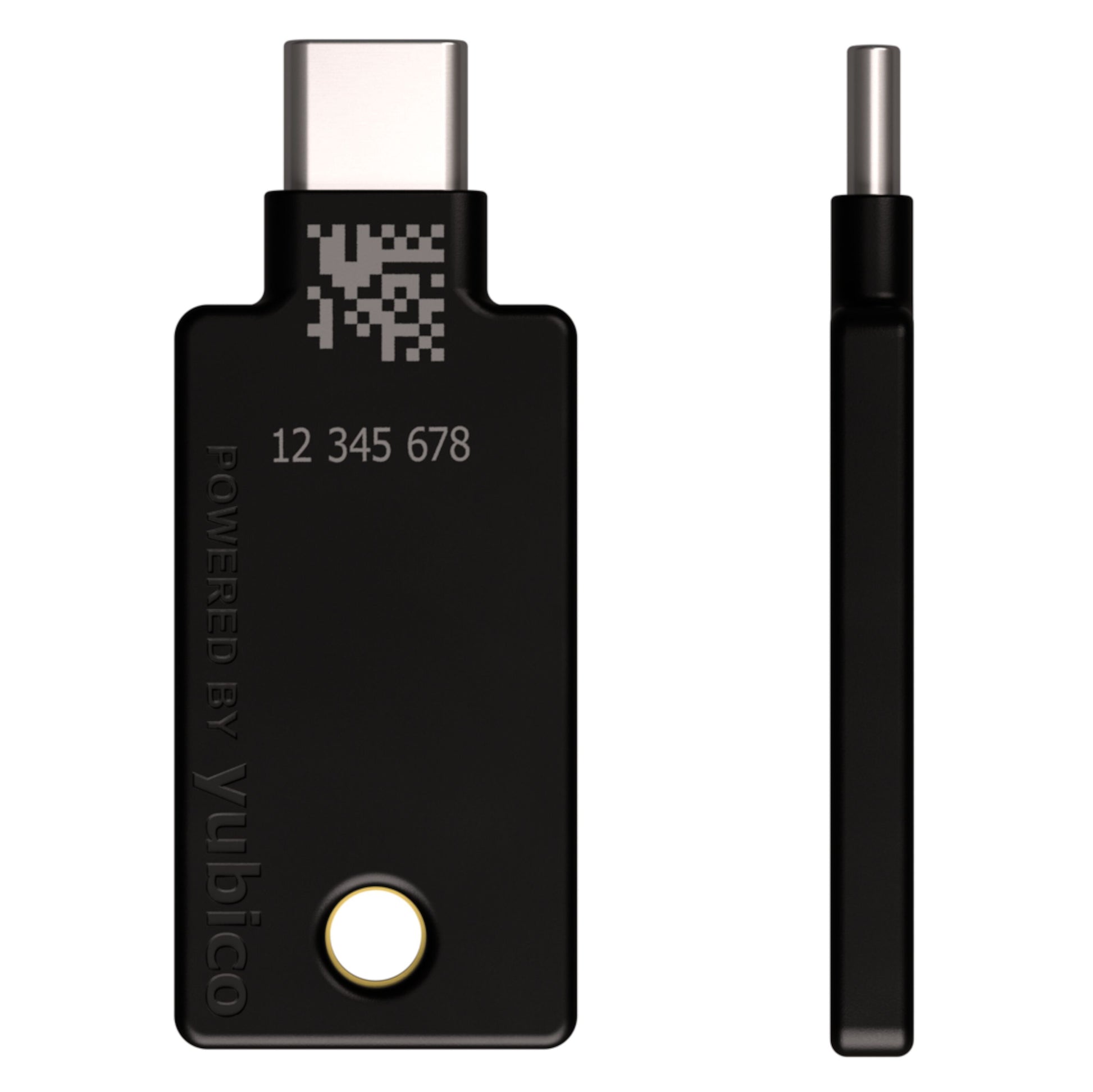 Yubico YubiKey 5C NFC sikkerhedsnøgle USB-C, vises front og side med guldknap, kode 12 345 678, tekst "Powered by Yubico.