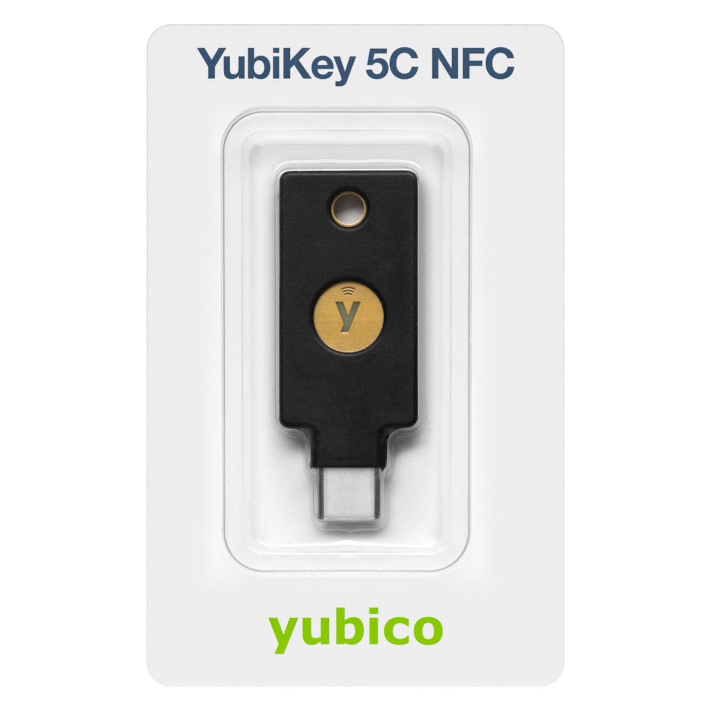 Yubico YubiKey 5C NFC sikkerhedsnøgle i blisterpakke, USB-C stik og guld touchpunkt synlige.