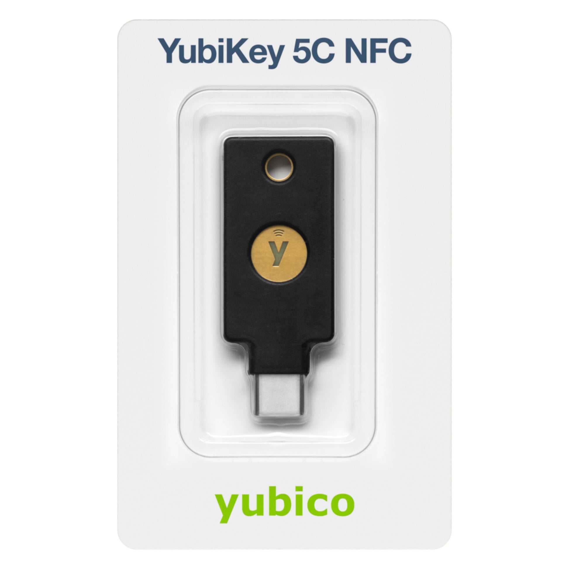 Yubico YubiKey 5C NFC sikkerhedsnøgle i blisterpakke, USB-C stik og guld touchpunkt synlige.