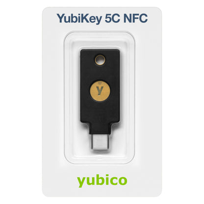 Yubico YubiKey 5C NFC sikkerhedsnøgle i blisterpakke, USB-C stik og guld touchpunkt synlige.