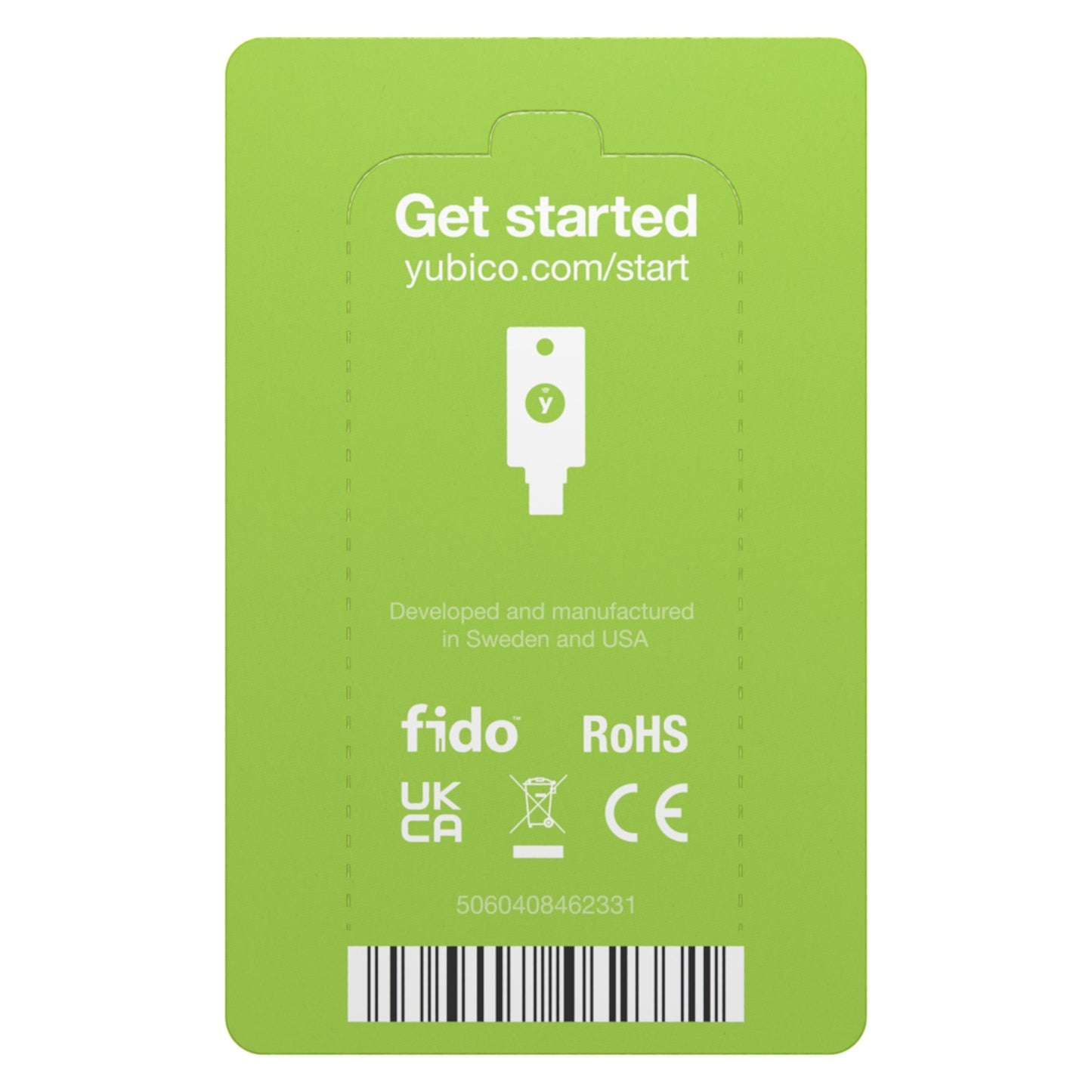 Yubico YubiKey 5C NFC Sikkerhedsnøgle USB-C grøn, USB key-ikon, fido, UKCA, RoHS logo, stregkode og produktkode.