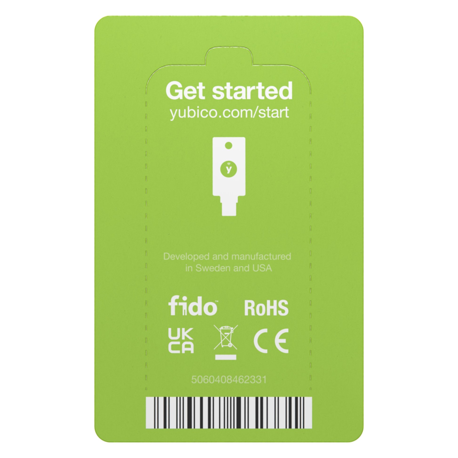 Yubico YubiKey 5C NFC Sikkerhedsnøgle USB-C grøn, USB key-ikon, fido, UKCA, RoHS logo, stregkode og produktkode.
