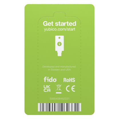 Yubico YubiKey 5C NFC Sikkerhedsnøgle USB-C grøn, USB key-ikon, fido, UKCA, RoHS logo, stregkode og produktkode.
