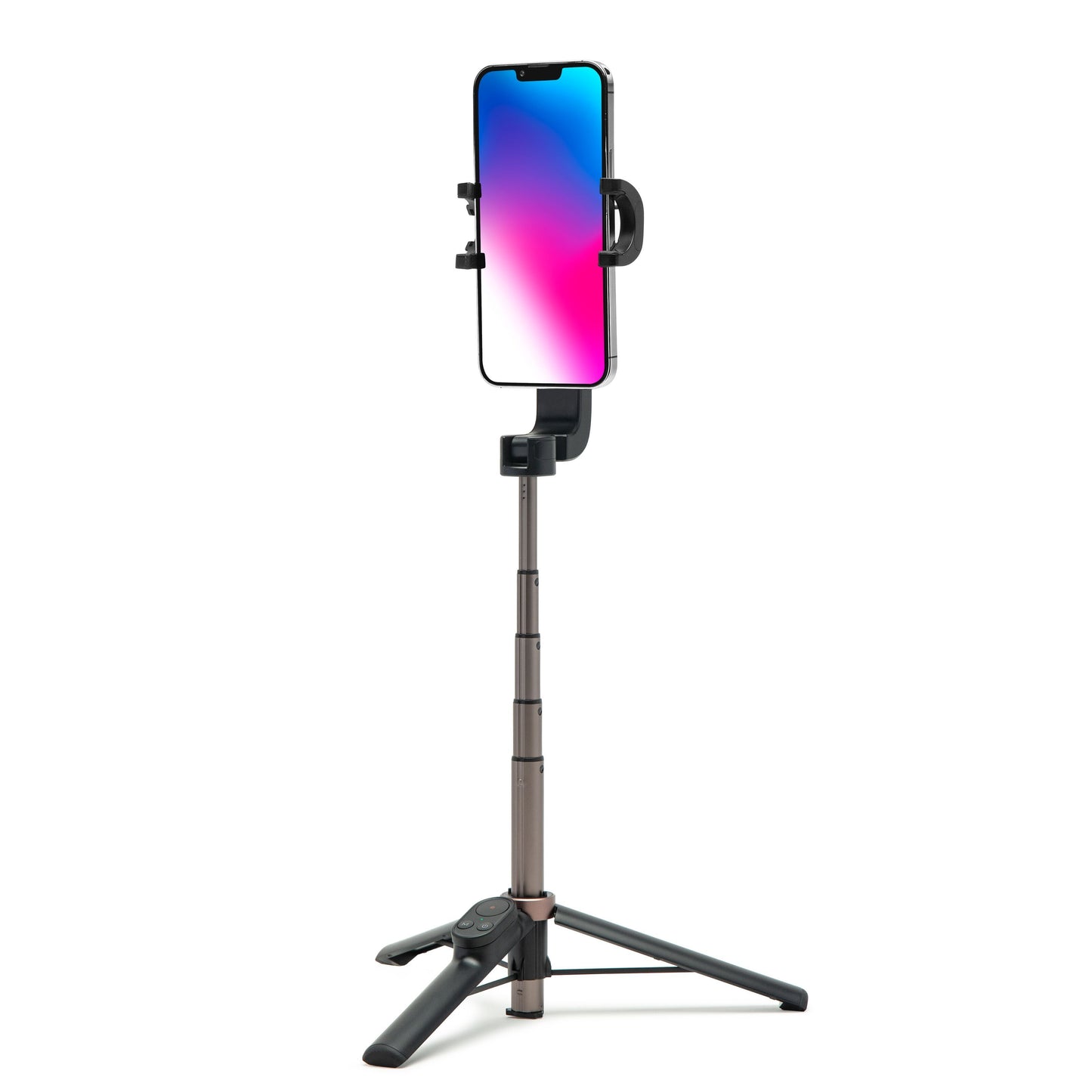 Linocell Selfiestang med gimbal gen. 2, sort, vertikalt stativ til smartphone med tre foldbare ben og stabiliserende kardan.
