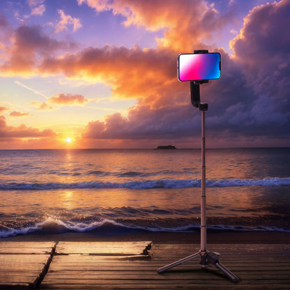 Linocell Selfiestang med gimbal gen. 2 sorter på træplatform ved havet, solnedgang og bølger i baggrunden.